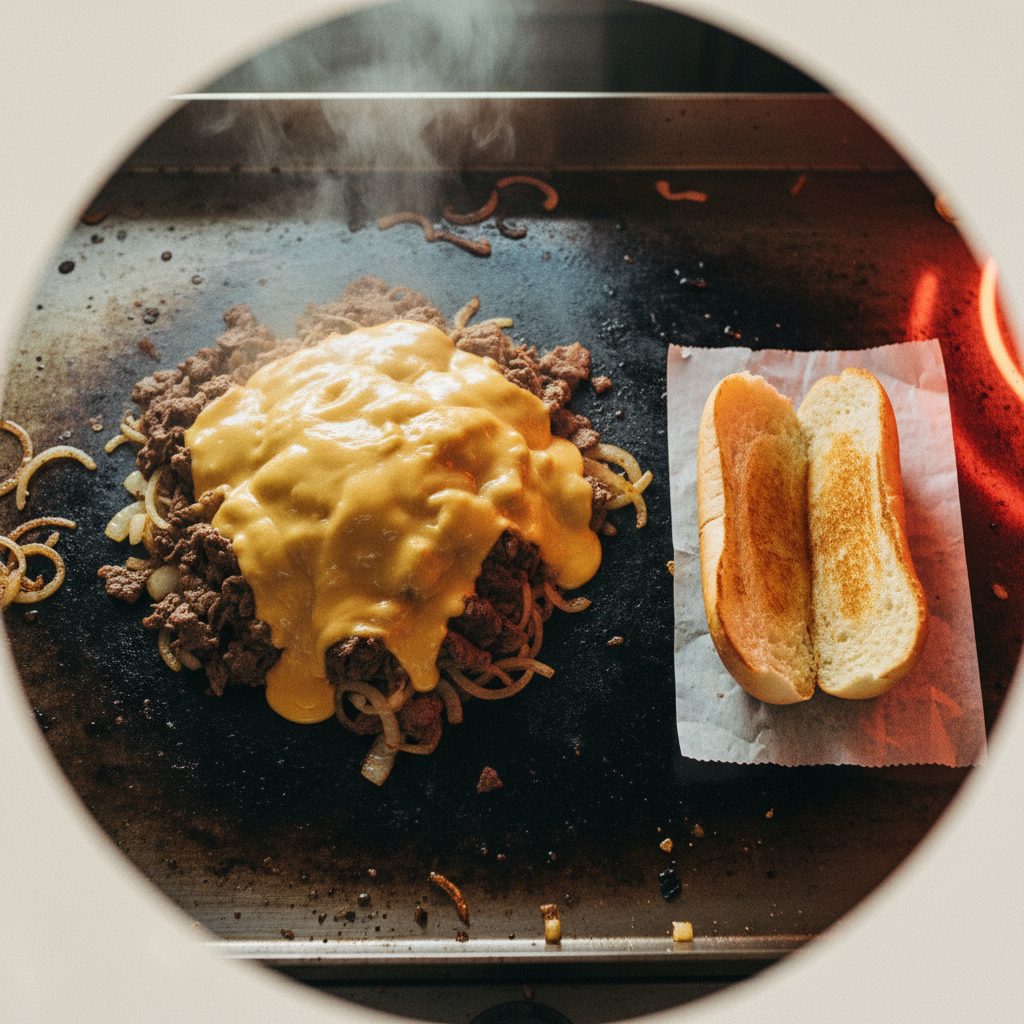 Overhead shot of a Philly cheesesteak mid-build on a flat-top griddle, molten cheese cascading over shaved ribeye